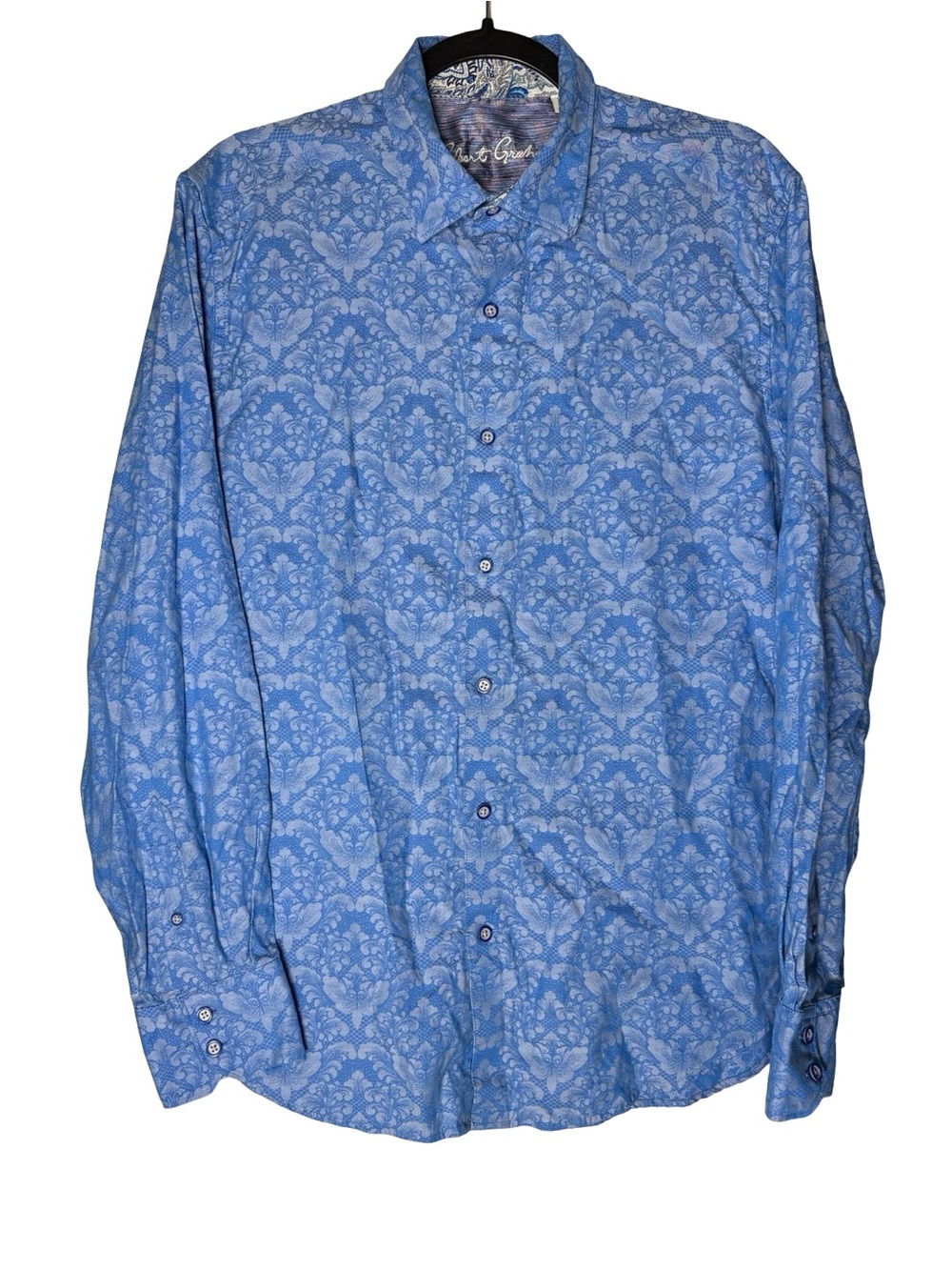 Robert Graham Shirt Mens Large Blue Damask Floral Cotton Classic Fit Button Up